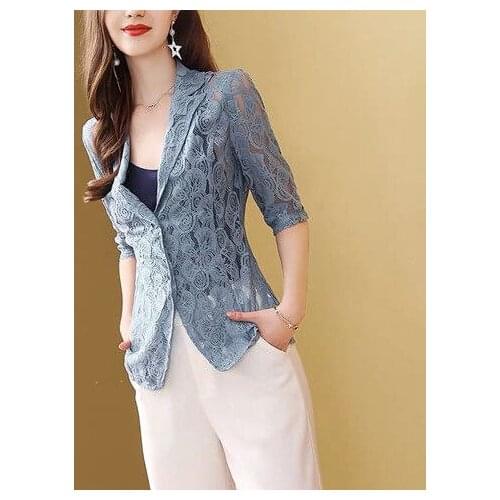 Summer 2021 New Fashion Business Interview Suits Women Work Office Ladies Half Sleeve Casual Thin Sunscreen Lace coat Y76