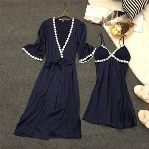 Summer Women New Sexy Silk Pajamas Female Ice Silk Nightdress With Suspenders Bathrobe Night Dress Casual Loose Homewear 2PCS
