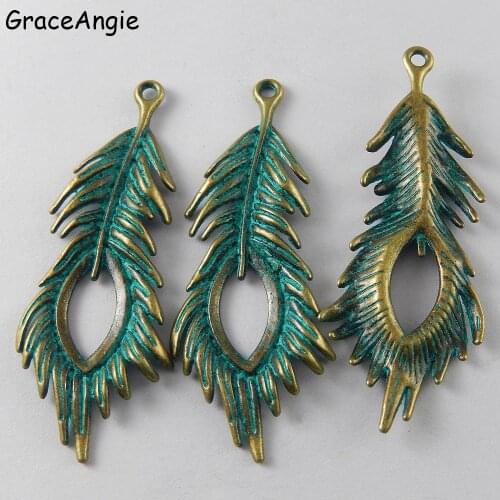 10pcs Patina Feather Charms 71*27*4mm Vintage Jewelry Findings Big long Bohemia Earrings Accessories Green Metal Charms