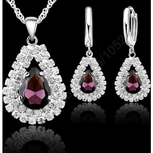 925 Sterling Silver Elegant Purple Crystal Pendant Necklace Hoop Earring Jewelry Set 18" Silver Chain Accessories