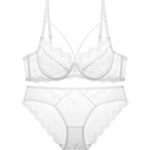 Ultra-thin lace transparent ladies bra set Large size underwear set suitable for young women A B C D E cup 90C 90D 95C 95D