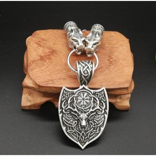 Vintage Viking Deer Head Shield Rune Pendant Nordic Style Viking Amulet Pagan Mens Neckalce