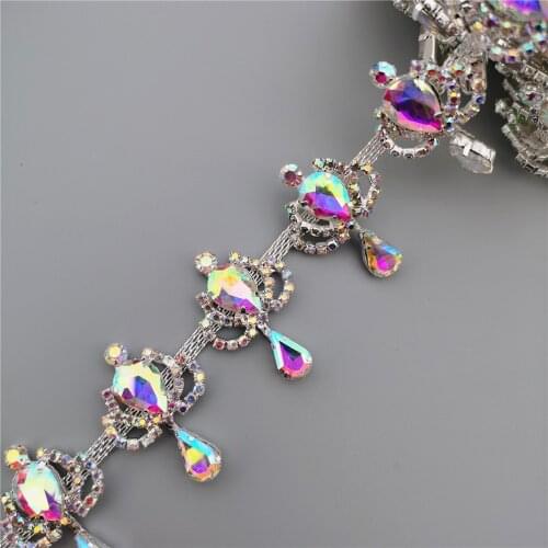 Top-Grade Crystal AB Rhinestone Cup Chain Waterdrop shape Tassel Silver Base Rhinestone Trim AB Sew on DIY Clothing Accessories
