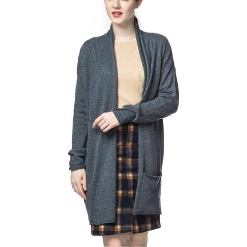 High grade 100%goat cashmere knit women fashion long cardigan sweater coat H-straight dark grey color M/100-XL/110