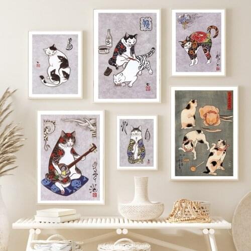 Japanese Cat Tattoo Samurai Sake Ukiyoe Wall Art Canvas Painting Nordic Posters And Prints Wall Pictures For Living Room Decor