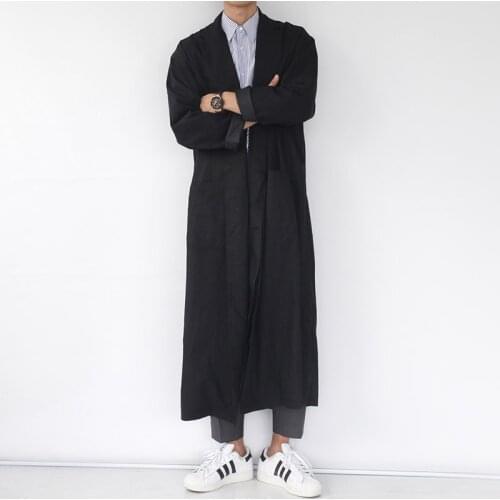 ICONS to add hidden-interlocking lace-up long coat dust coat, mens super long dark cloak coat personality