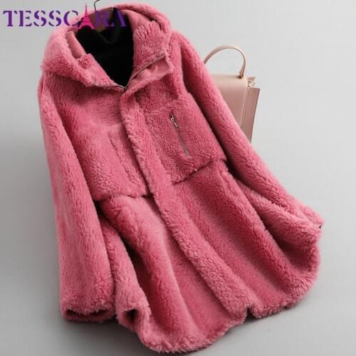 TESSCARA Women Autumn Winter Basic Jacket Coat Hooded Wool Blend High Quality Female Fur Leather Suede Jackets Outerwear & Coats