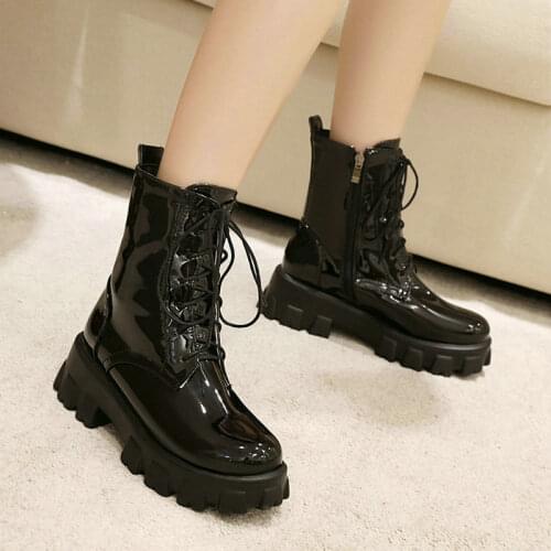 Patent PU Leather Women Ankle Boots Platform Square Heel Women Ridding Boots Size Zipper Women Autumn Winter Shoes Black Red