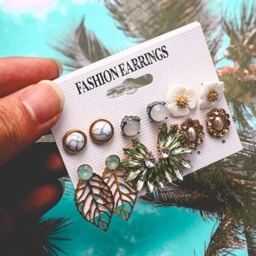 6 Pcs/set 2020 New Trendy Creative Flower Multicolor Crystal Earrings for Women Alloy Hollow Out Earring Set Female Jewelry