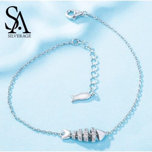 SA SILVERAGE Real 925 Sterling Silver Rhinestones Link Bracelets & Fashion Bangles Fishbone Charm Bracelet Women Fashion Jewelry