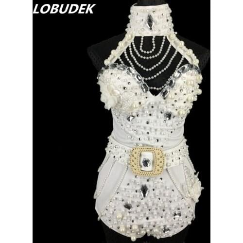 Beading Halter Bodysuit Red White Pearls Crystals Jumpsuit Women Sexy Backless Costume Nightclub Bar DJ Singer Show Stage Outfit