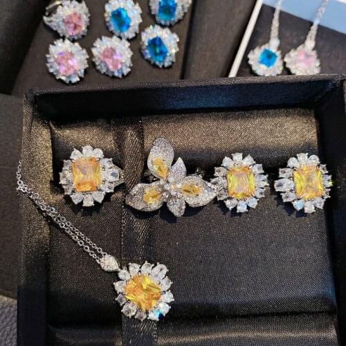 Luxury Stone Crystal Earrings 925 Sterling Silver Jewelry Sets for Women Fashion Yellow Zirconia Bling Rings Necklace Jewelry