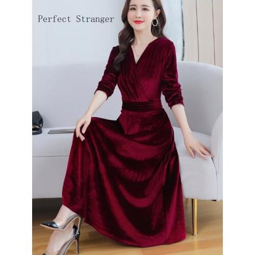 2020 Autumn New Arrival High Quality Hot Sale V Collar Long Sleeve Women Velvet Long Dress M-4XL