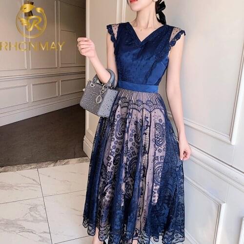 New Summer Sleeveless Patchwork Lace Dress 2021 Summer Runway Women Sexy V-Neck Embroidery Floral Midi Party Dress Clothes