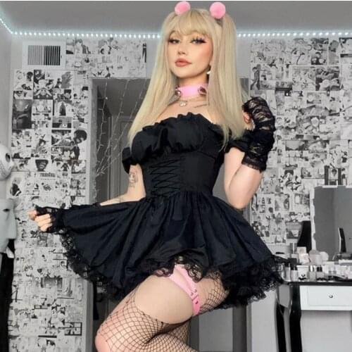 Goth Kawaii Dresses Short Puff Sleeve Slim Lace Clothes Gothic Corset Lolita Mini Dress Dark Academia Party Clubwear Outfits