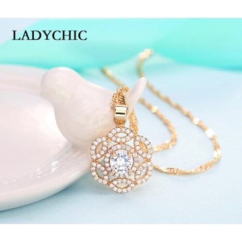 LADYCHIC Top Quality Hollow Flowers Pendant Necklaces Paved Tiny Zircon Stones Women Exquisite Gold Jewelry Drop Shipping LN1139
