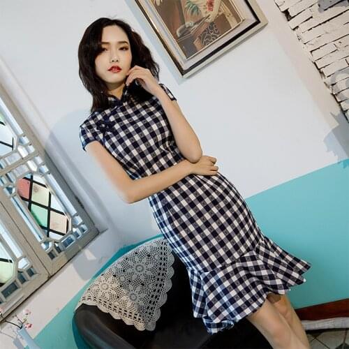 2020 Black Plaid Mermaid Cheongsam Girl Chinese Dress Summer Qipao Oriental Style Party Dresses Costume Plus Size Women Clothing