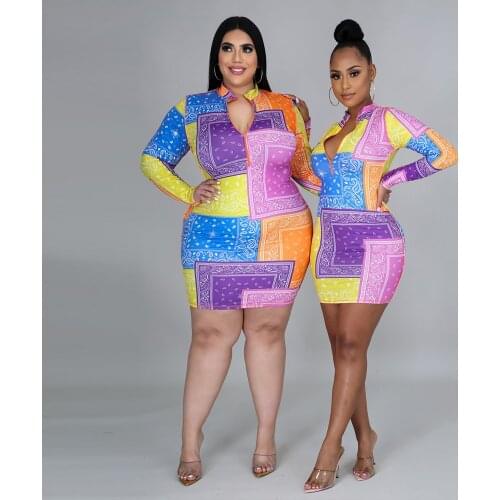 2021Colorful Bandana Print Bodycon Zip Mini Dress Plus Size S-5XL Long Sleeve Skinny Vestidos Night Club Wear Casual Robes