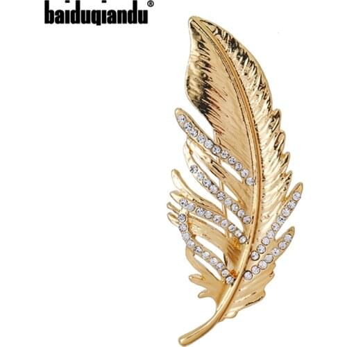 Baiduqiandu Feather Brooches For Women And Men Matt Gold Leaf Plant Collar Pins Gift Winer Coat-Accessories Factory Sale