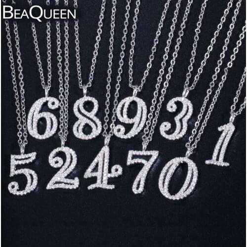 BeaQueen Newest Cubic Zirconia Crystal Numbers Pendant Necklaces for Women Girls Charms Digital Chains Custom Jewelry Gift N013