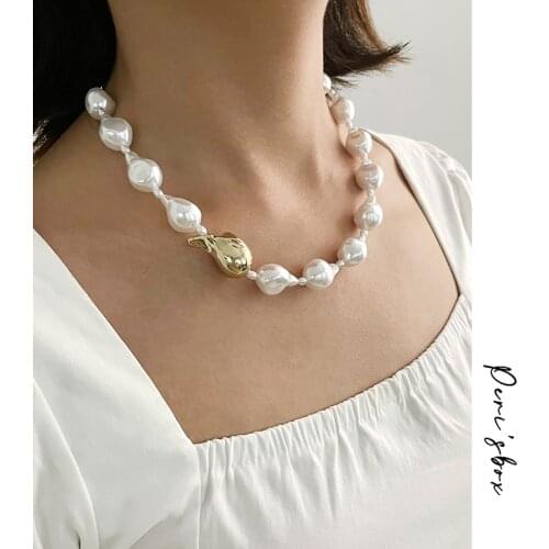 PerisBox Big Baroque Imitation Pearl Necklace With Irregular Brass Bead For Women Pearls Beaded Toggle Clasp Necklace