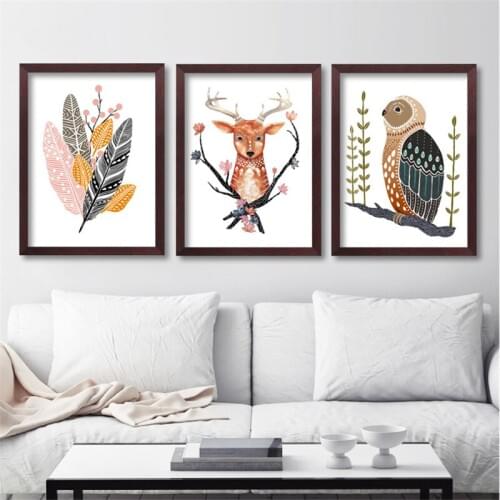 Colorful Nordic Retro Style Bird Feather Animal Owl Deer Bear Canvas Painting Wall Picture Poster Living Children’s Room Decor
