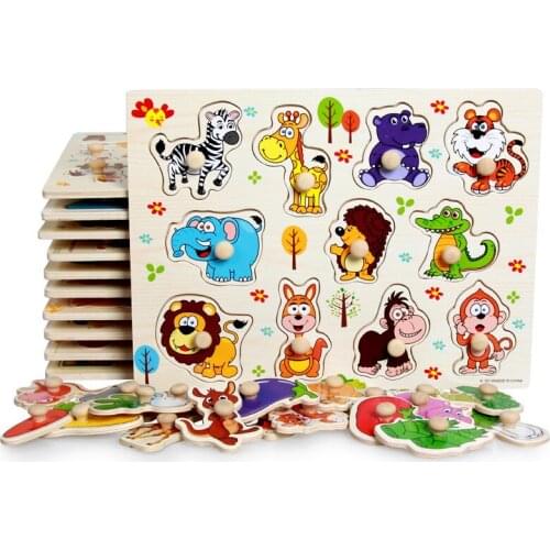 Montessori Wooden Puzzles Hand Grab Boards Toys Tangram Jigsaw Baby Educational Toys Cartoon Vehicle Animals Fruits 3D Puzzles