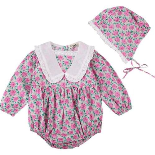 Newborn Baby Lace V Neck Ruffles Floral Rompers+Hat Summer Clothes Sweet Style Toddler Girls Long Sleeve Jumpsuit