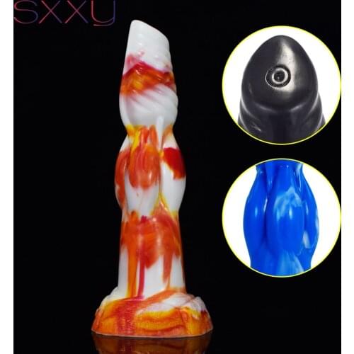 SXXY Great Wolf Dildo Silicone Knot Penis Fetish Animal Sex Toys Colorful Fantasy Anal Butt Plug with Suction Cup for Women Men