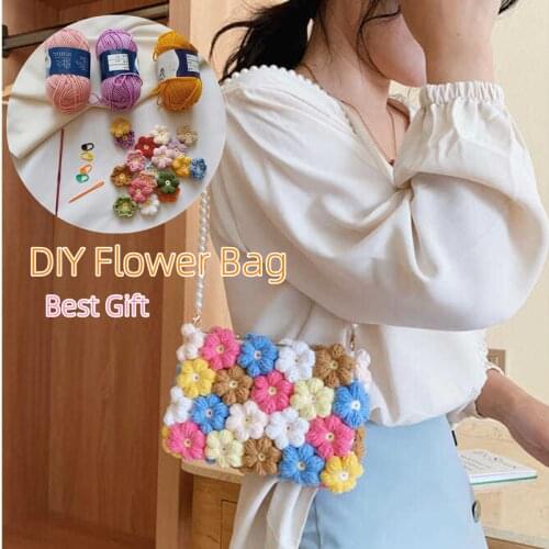 DIY Wool Yarn Hand Knitting Flower Bag Crochet Material Package Puff Petal Pearl Chain Clutch Gifts for Girlfriend