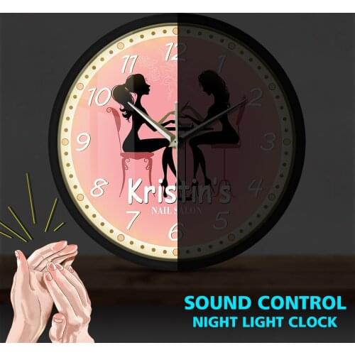 Nail Salon Spa Personalized Sound Activated Light Emitting Wall Clock Manicure Salon Smart Night Light Quiet Sweep Quartz Watch