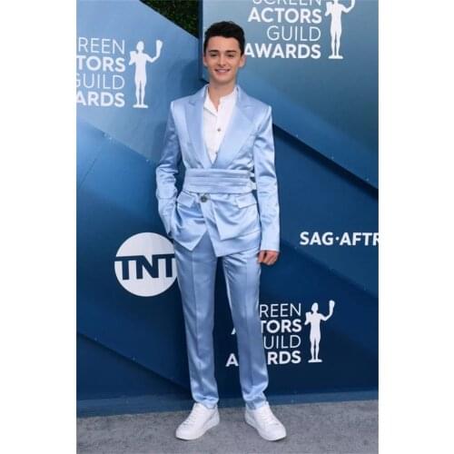 2-Piece Men Suits Silk Satin Wedding Tuxedos Light Blue Party Wear Fit Fashion Business For Best Man Peaked Lapel Blazer Suit