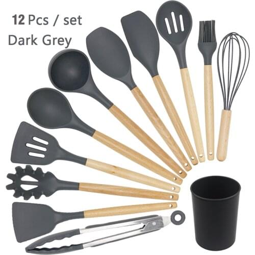 12Pcs Silicone Cooking Utensil Set Wooden Handle Spatula Soup Spoon Brush Ladle Pasta Colander Non-stick Cookware Kitchen Tools