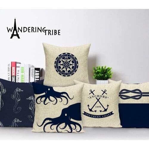 Sea Blue Compass Printed Cushion Cover Anchor Pattern Marine Ship Throw Pillow Case Decorative Pillowcase Cojines Almofadas