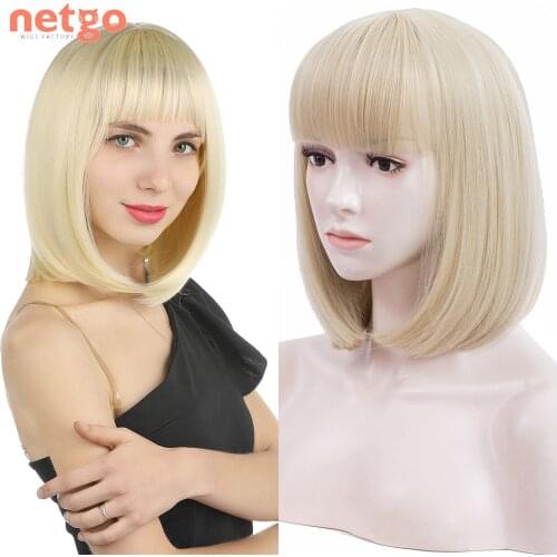 Netgo Short Bob Synthetic Wig With Bangs Blonde Pink Wig Heat Resistant Fiber For Black White Women Daily Use Cosplay Party