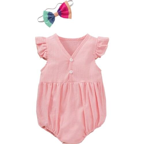 New 2Pcs Baby Summer Outfit, Solid Color V-Neck Ruffle Sleeves Romper + Match Color Hairband Suit for Toddler Girls, 0-24 Months