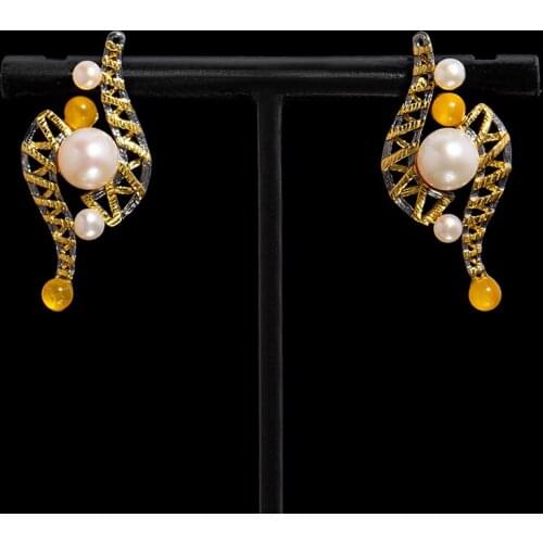 Original design jewelry new Italian craft handmade inlaid natural pearl retro art earrings
