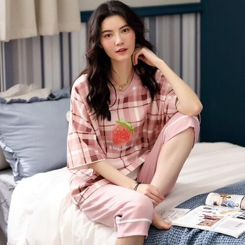 Autumn And Summer Pants Half Sleeves Grid Loose Plus Size Sweet Spring Calf-pants Leisurewear suits