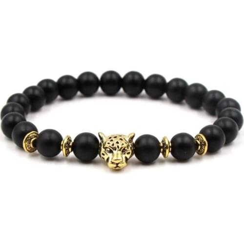 8mm adjusted Charm head nature stone bead copper Frosted agate Onyx Bracelet yj5 leopard head Reiki Chakra Buddha Yoga