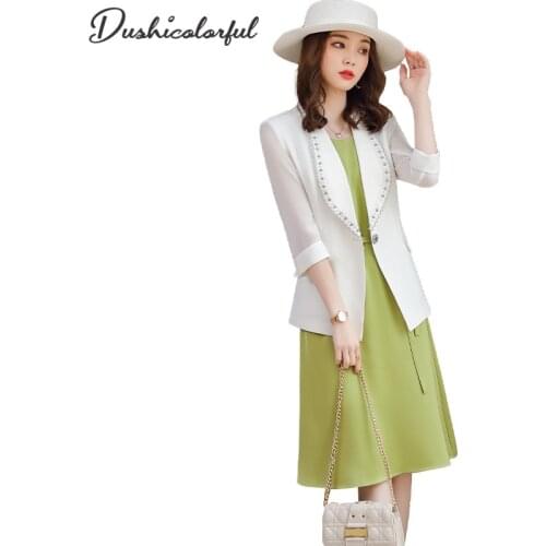 Spring Summer Women Two Piece Sets Shiny decoration Blazer Jackets+ Sleeveless Mini Dress Green 2 Pieces Jacket Dresses Suits