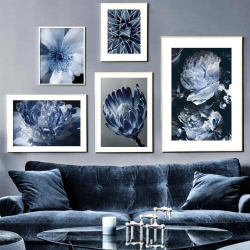 Blue and White Rose Flower Fern Leaf Plant Wall Art Canvas Painting Nordic Posters and Prints Living Room Decoration Wall Pictur