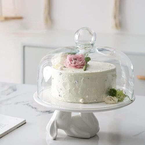Light Luxury Simple Solid Color Rabbit High-leg Ceramic Flat Plate Cake Tray Dessert Table Hotel Transparent Glass Cover