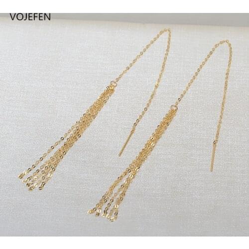 VOJEFEN AU750 18k Pure Gold Tassel Earrings, Long Chain Ear Line Tassel Threader Dangle Drop Earrings Simple Dainty Earrings