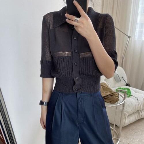 Spring and summer womens casual solid color lapel short-sleeved hollow loose thin sweater