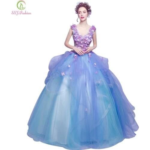 Vestido De Noiva SSYFashion Blue Flower Appliques V Collar Long Quinceanera Dresses Banquet Sexy Party Gown Performance Dress