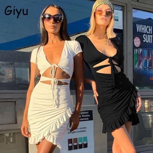 Giyu Summer Dress Women 2020 Sexy Ruffles Bandage Bodycon Mini Dresses Elegant V Neck Bow Hollow Out Ruched Vestidos White Robe