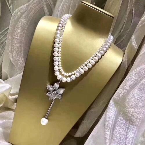 2rows freshwater pearl near round white/pink +zircon flower pendant necklace 6-10mm nature beads for women gift wedding