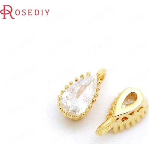 33178)6PCS 4*8MM hole 1.5MM Brass with Zircon 24K Gold Color Plated Drop Tears Charms Pendants Jewelry Findings Accessories