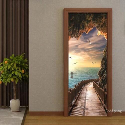 3D Seaside Landscape Door Sticker Pvc Self-Adhesive Waterproof Mural Wallpaper Modern Creative Diy Living Room Bedroom Stickers