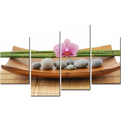 4 panel Purple Orchid Flower Bamboo Stone Art Work Canvas Prints Art Wall Decor Spa Massage Treatment Painting